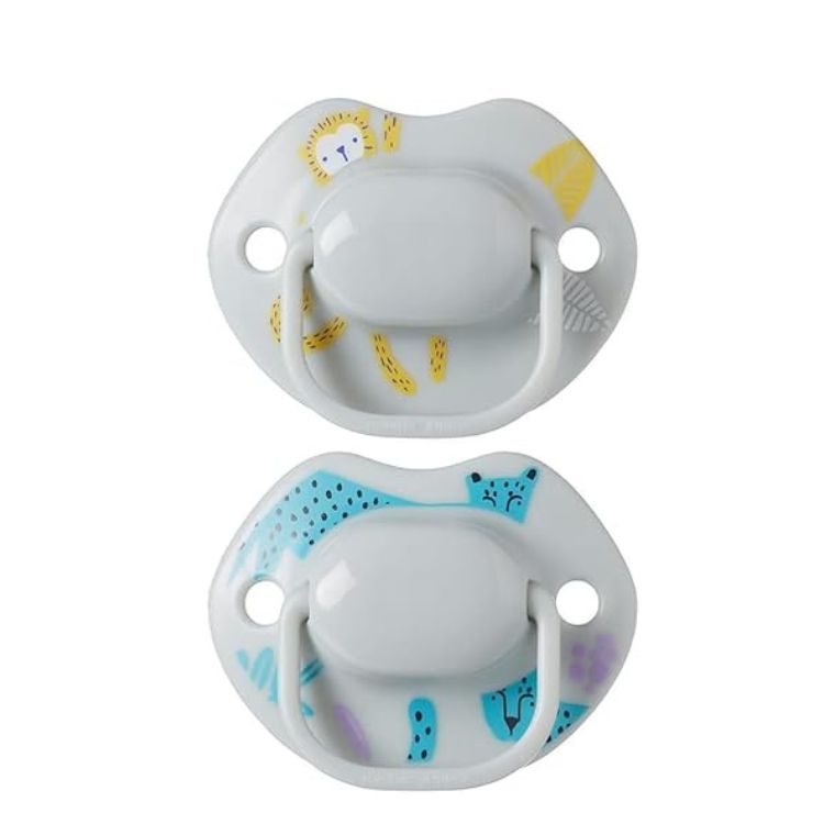 Tommee Tippee orthodontic silicone soothers with reusable steriliser pod. (Note: per your instructions, alt text is included.)